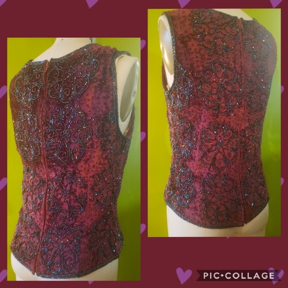 Vintage 90s Burgundy Top with Iridescent Beading - Picture 3 of 6